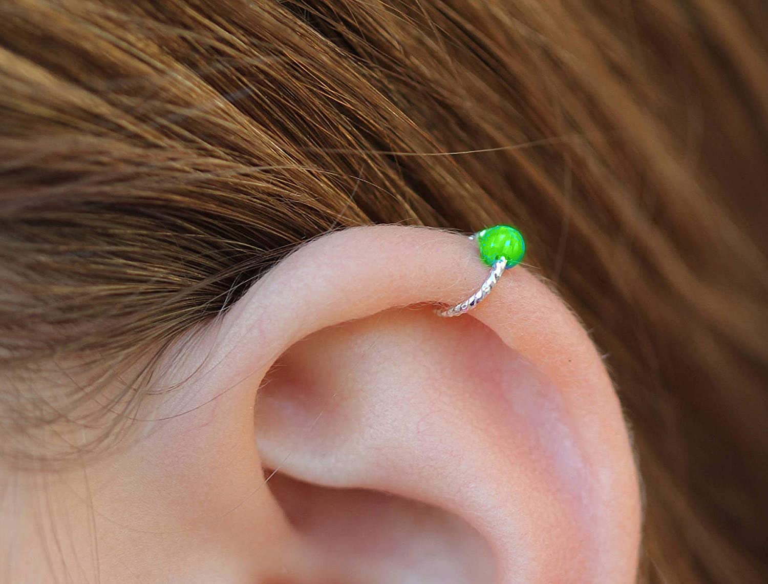 Green opal cartilage earring 20G Sterling Silver helix piercing ear ring Cartilage Earring Hoop with Green Opal silver cartilage hoop