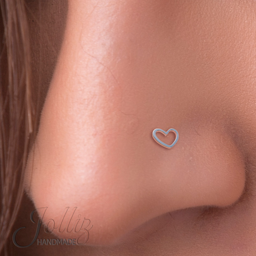 Tiny Heart Nose Stud in Sterling Silver or 14K Rose/Gold Filled for Women.  Heart Nose Stud L-Shaped.