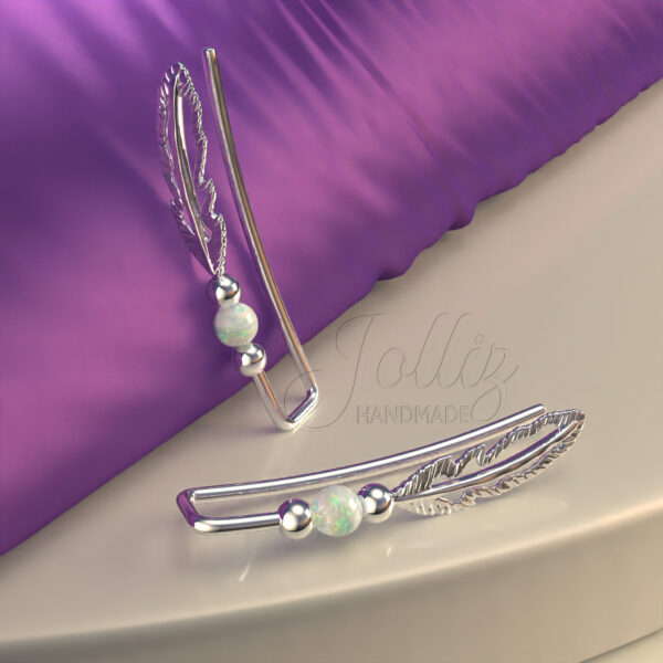 handmade 925 sterling silver feather ear climber earrings white fire opal jolliz