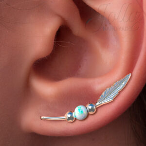 handmade 925 sterling silver feather ear climber earrings white fire opal jolliz